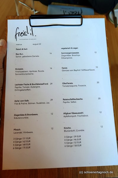 Menükarte August 2022 vom frei.stil Restaurant in Ofterschwang im Allgäu