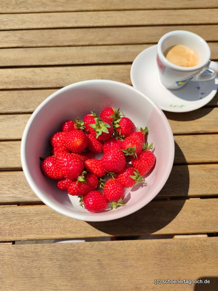 Frische Erdbeeren und Espresso im Garten